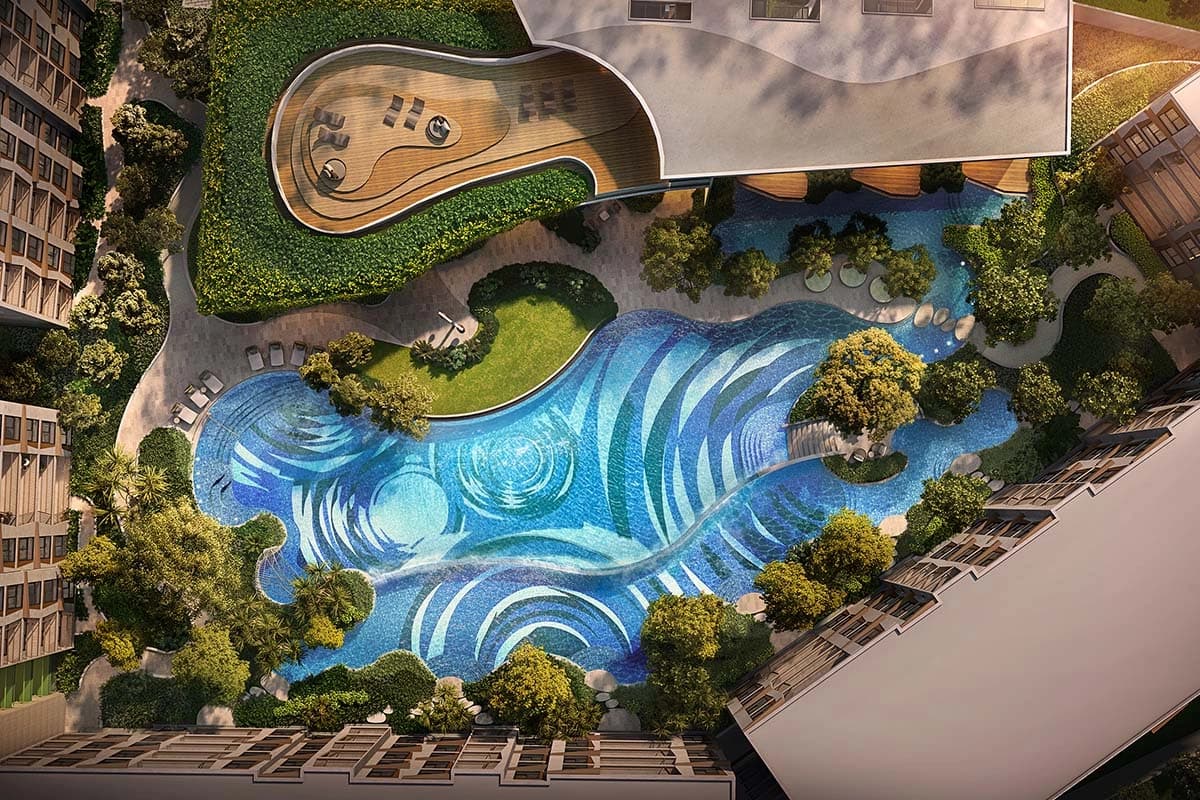 Aerial view of the lagoon pool at RHEA by Sansiri